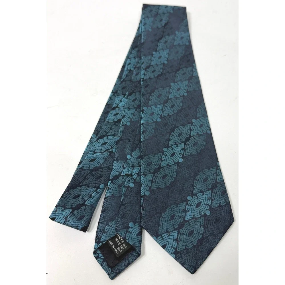 Gucci Tie Mens OS Teal Blue Geometric Medallion Silk Jacquard Made in Italy